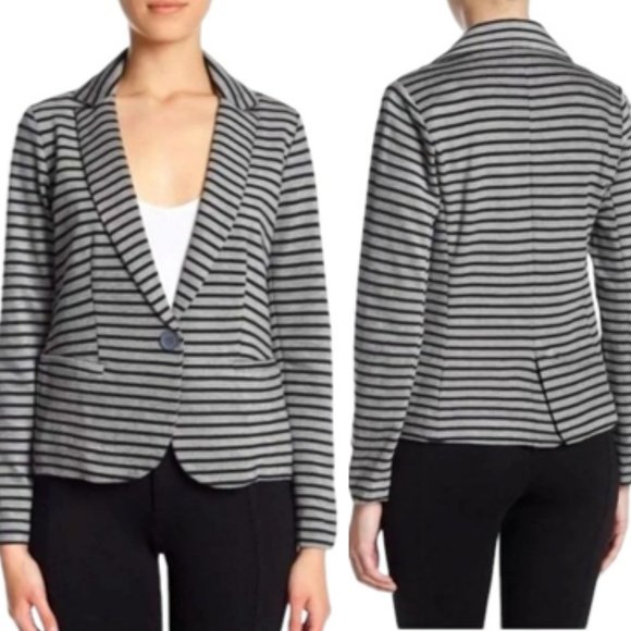 Olivia Moon Striped 1-Button Knit Blazer - Heathered Gray/Black - L - Picture 1 of 10